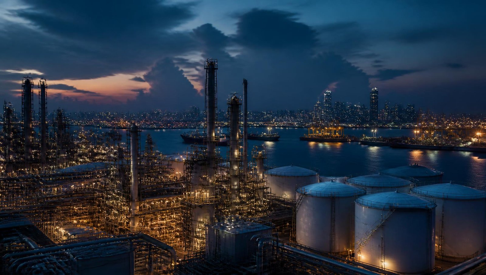 Petrochemical refinery and storage tanks beside a port at dusk