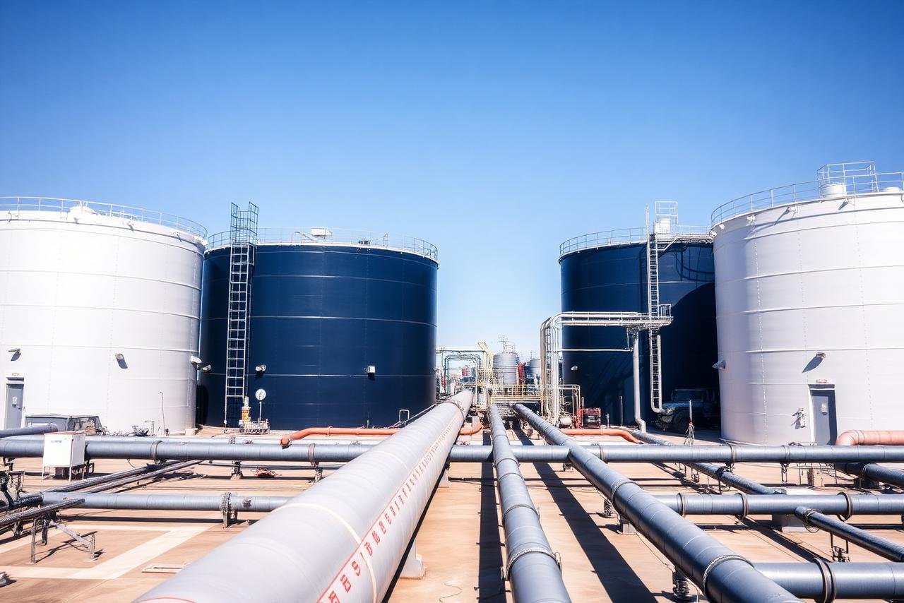 Petrochemical storage tanks and pipelines at an industrial facility
