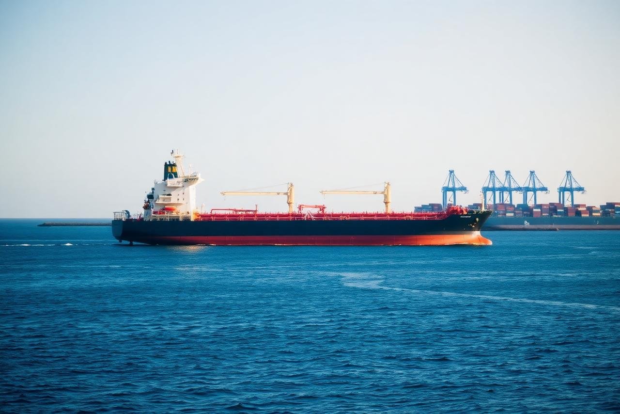 Commercial tanker vessel at sea near a container port