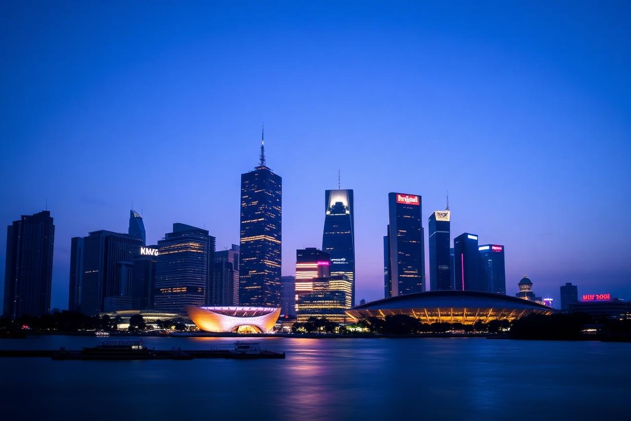 Singapore central business district skyline at dusk
